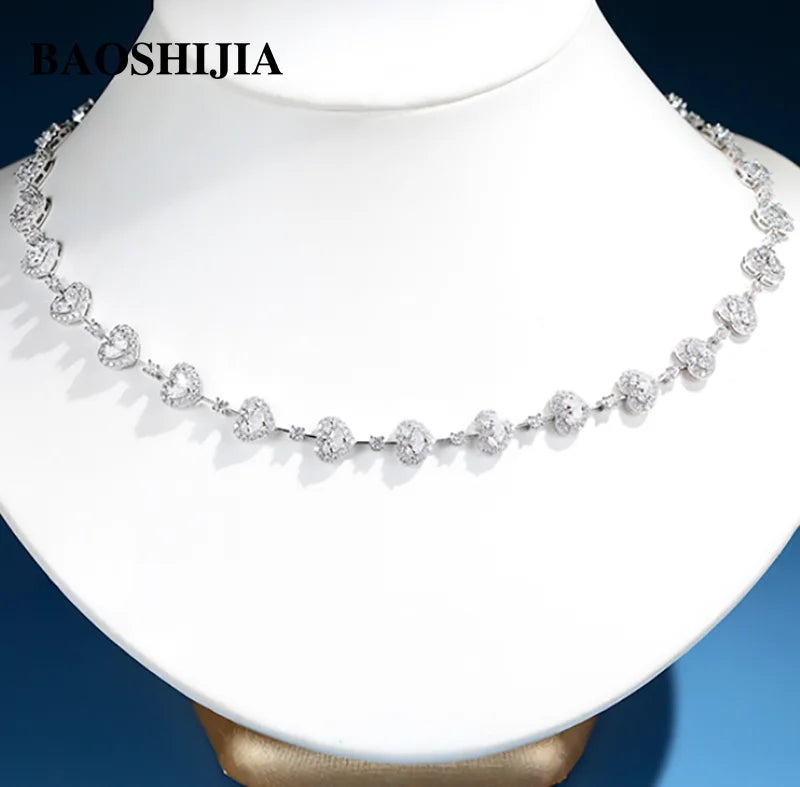 BAOSHIJIA Solid 18K White Gold Natural Heart Shape Diamond Necklace women's Beautiful Luxurious Exquiste Art Deco