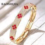 BAOSHIJIA 18K Yellow Gold Four Leaf Clover Ruby SI Diamond Bracelet About 29gram Fine Jewelry Flower Shape Stylish