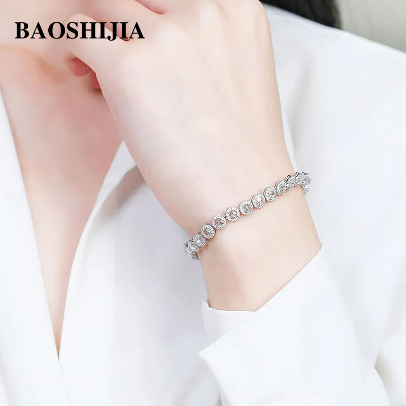 BAOSHIJIA Solid 18k White Gold Luxury Eternity Diamonds 3.5carat Bracelet Valentine's Day Exquiste Art Deco 15cm Length