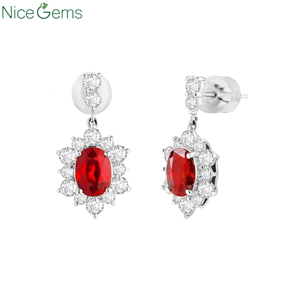 NiceGems Solid 18K White Gold Natural Diamond halo Earrings 2.7ct Natural Ruby Pigeon Blood Stud Earrings for women jewelery