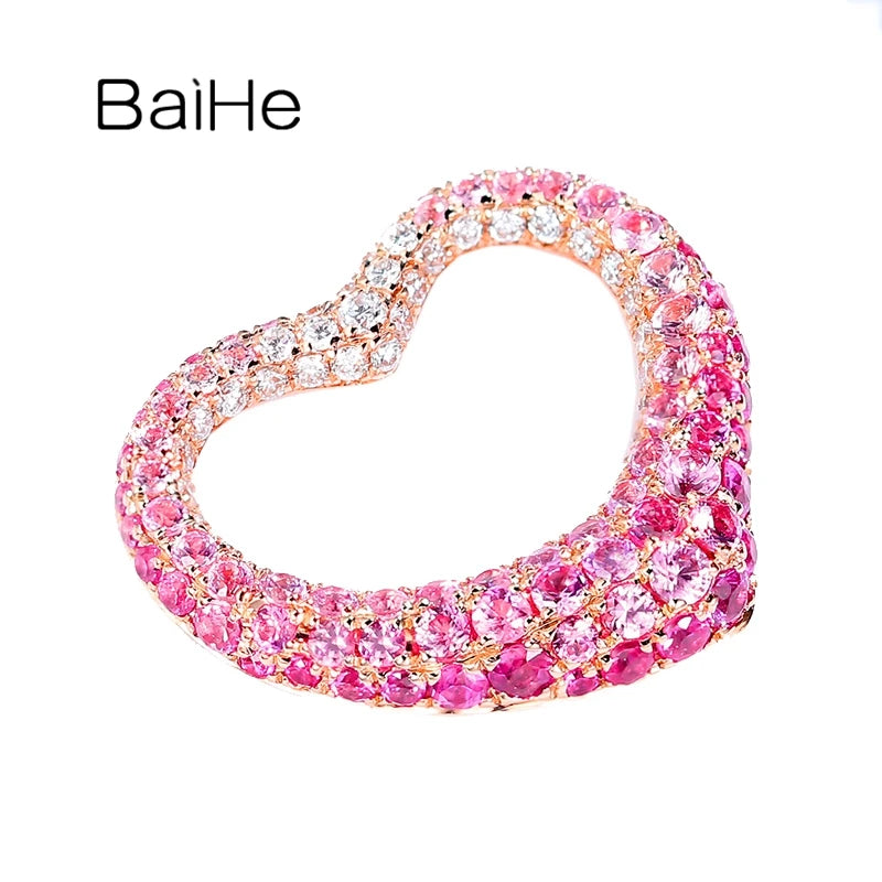 BAIHE Real Solid 18K Rose Gold Pink Sapphire Diamond Heart Pendant Women Trendy Fine Jewelry Making Colgante Corazón ハートペンダント