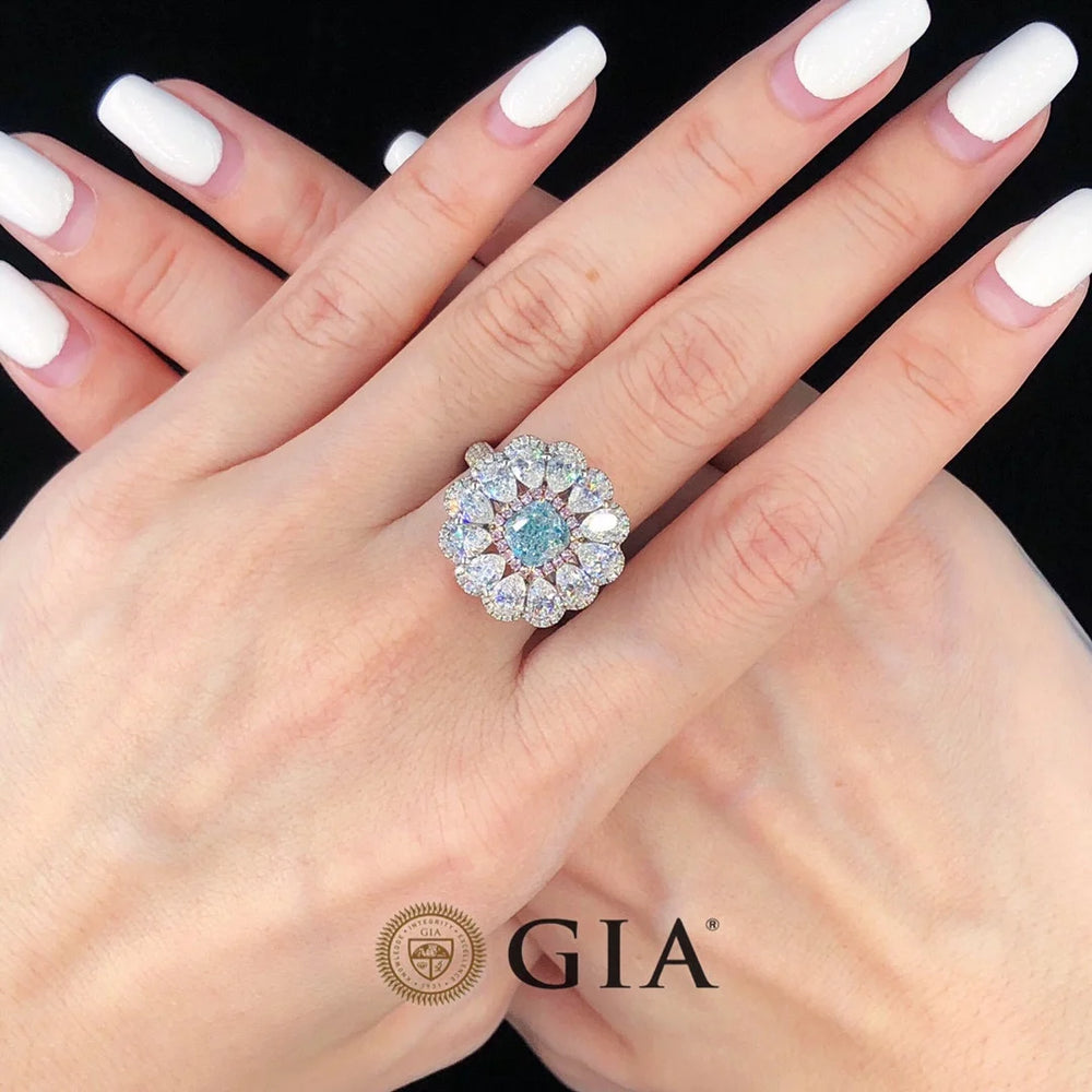 GIA 1.15ct 18K Gold Nature Fancy Light Greenish Blue Diamonds Wedding Engagement Female Rings for Women Fine Diamonds Ring