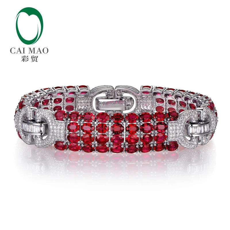 CaiMao 18KT White Gold 24.7ct Natural Oval Ruby And 2.55ct Round Cut Diamond Engagement Gemstone Bracelet