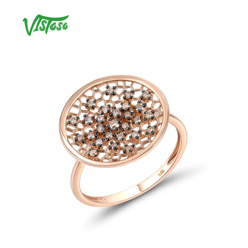 VISTOSO Pure 14K 585 Rose Gold Ring For Women Sparkling Brown Diamond Hollow Big Round Ring Wedding Engagement Gift Fine Jewelry