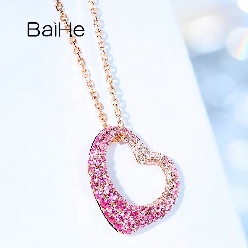 BAIHE Real Solid 18K Rose Gold Pink Sapphire Diamond Heart Pendant Women Trendy Fine Jewelry Making Colgante Corazón ハートペンダント