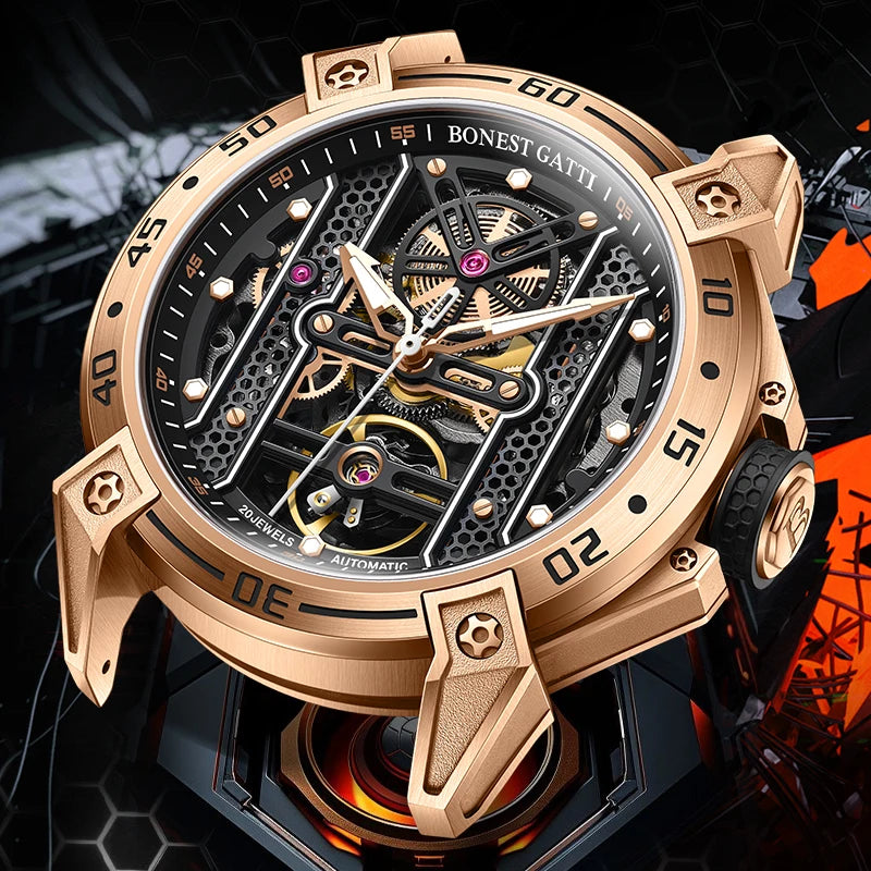 2023 New Arrival BONEST GATTI Men's Watch - High Quality, Stainless Steel Case, Fashionable Gold Automatic Mechanical Watch