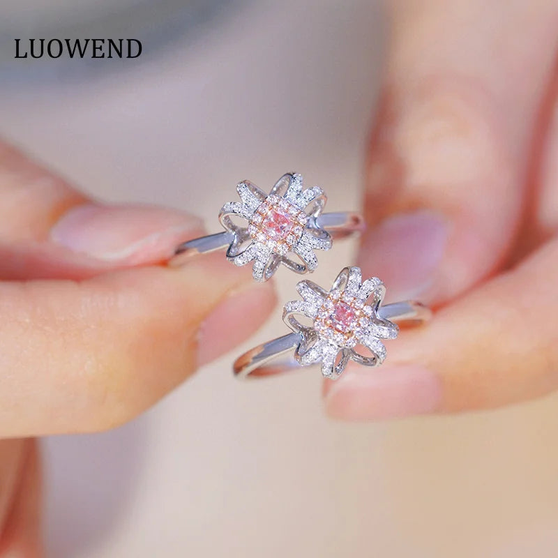 LUOWEND 18K White Gold Rings Romantic Ribbon Design Real Natural Pink Diamond Engagement Ring for Women High Wedding Jewelry