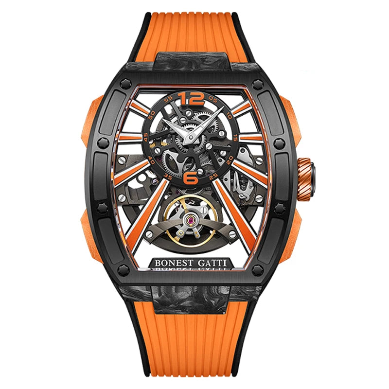 BONEST GATTI Men's Luxury Automatic Watch - Tonneau Carbon Fiber Mechanical Wristwatch, Skeleton, Sapphire, Luminous Fluororubber Strap