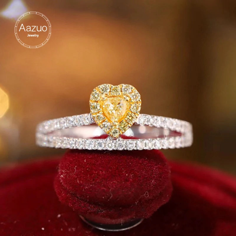 Aazuo Find Jewelry Real Yellow&White Diamond 18K Solid Gold Heart VShape Rings Upscale Trendy Senior Party Fine Jewelry Hot Sell