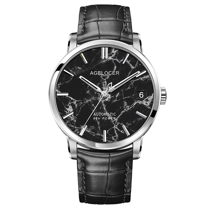 AGELOCER Original Baikal Watch Natural Marble Dial Men's Big Calendar Automatic Mechanical Watch Birthday Gift for Men