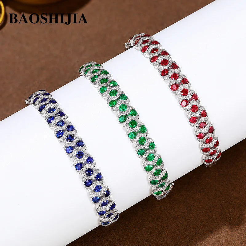 BAOSHIJIA Solid 18K White Gold Genuine Ruby Sapphire Emerald Bracelet Natural Diamonds Women's Luxury Colored Stone Jewelry