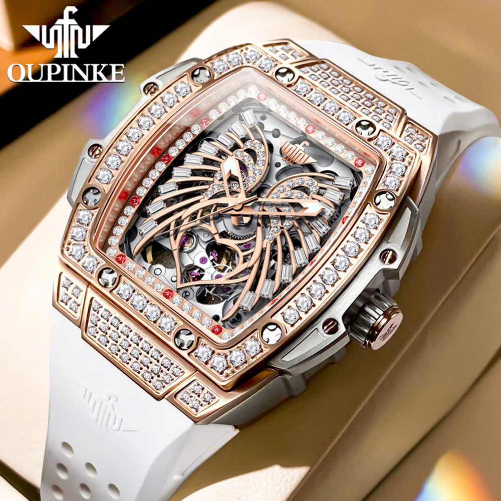 OUPINKE New Luxury Women's Watches Diamond Dial Silicon Tape Automatic Mechanical Watch Japanese Movement Original Female Watch