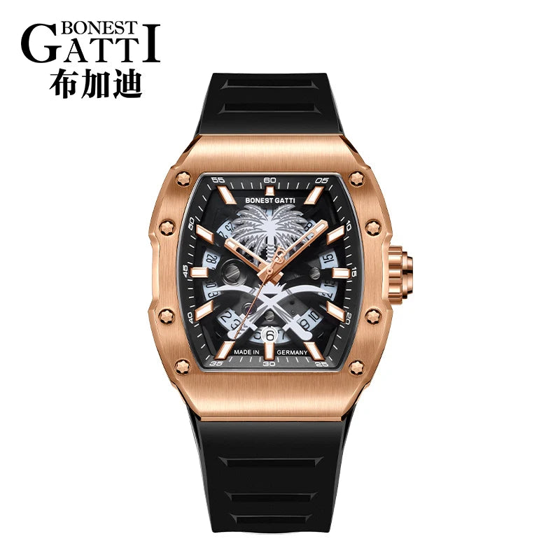 BONEST GATTI Carbon Fiber Men's Watch - Hollow Automatic Mechanical, Light Luxury Sports Watch with Coconut Tree Design