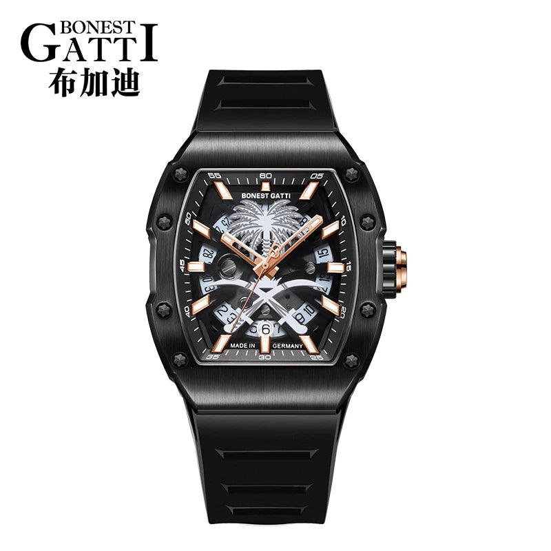 BONEST GATTI Carbon Fiber Men's Watch - Hollow Automatic Mechanical, Light Luxury Sports Watch with Coconut Tree Design