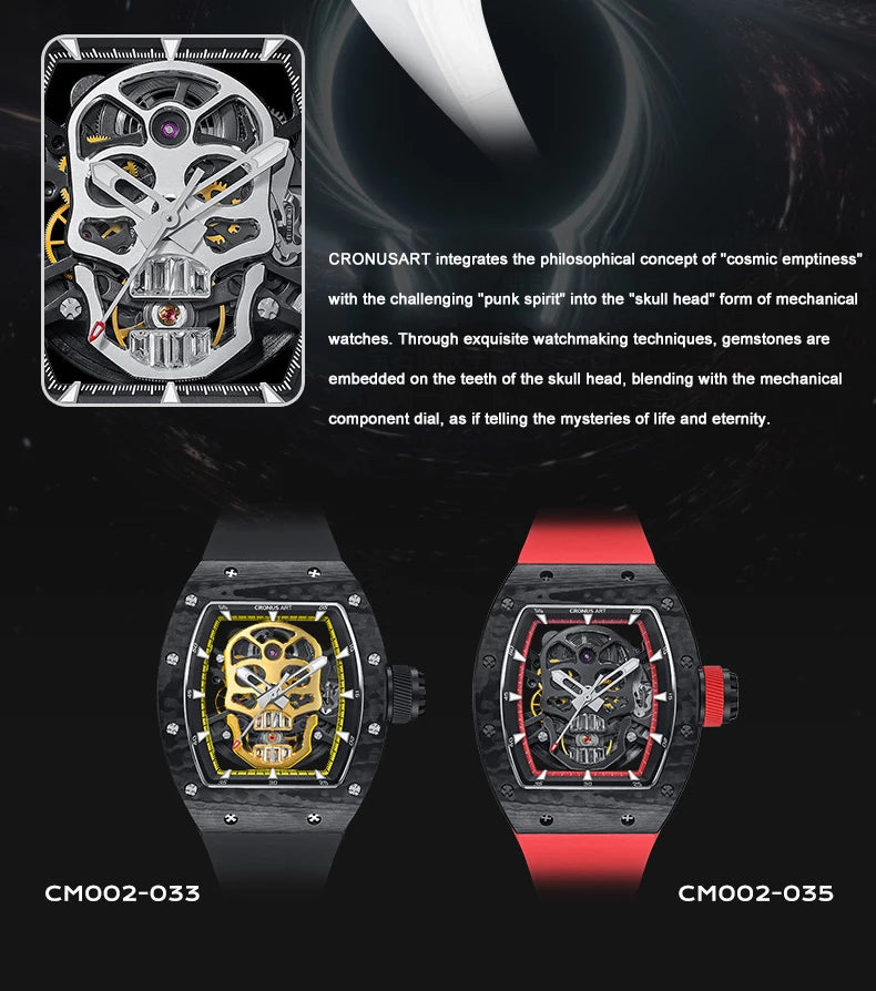 CRONUSART Men's Luxury Automatic Watch - Tonneau Mechanical Wristwatch, Carbon Fibre Case, Luminous Fluororubber Strap, Skull Dial