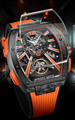 BONEST GATTI Men's Luxury Automatic Watch - Tonneau Carbon Fiber Mechanical Wristwatch, Skeleton, Sapphire, Luminous Fluororubber Strap