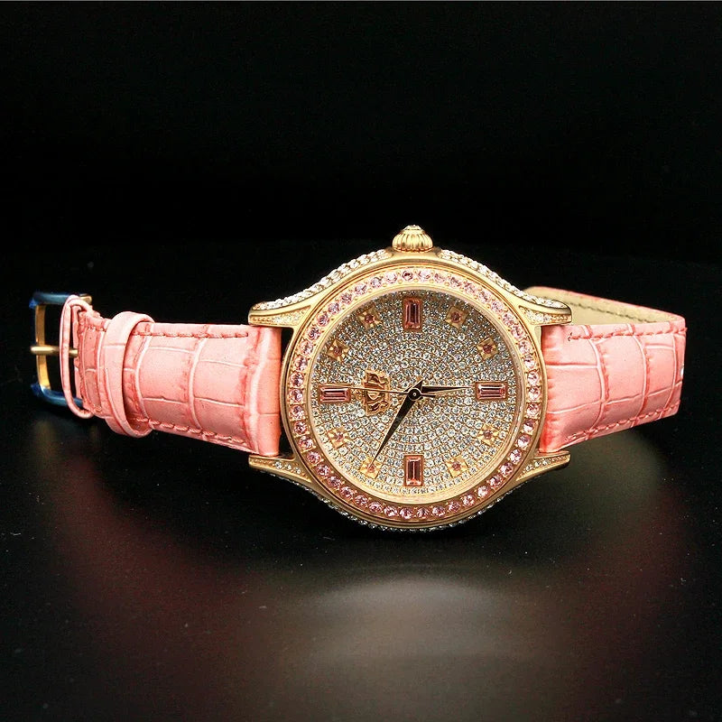 Fashion Rhinestone Genuine Leather Strap Pink Women's Quartz Movement Wrist Watch Pointer Style Atmospheric Trend