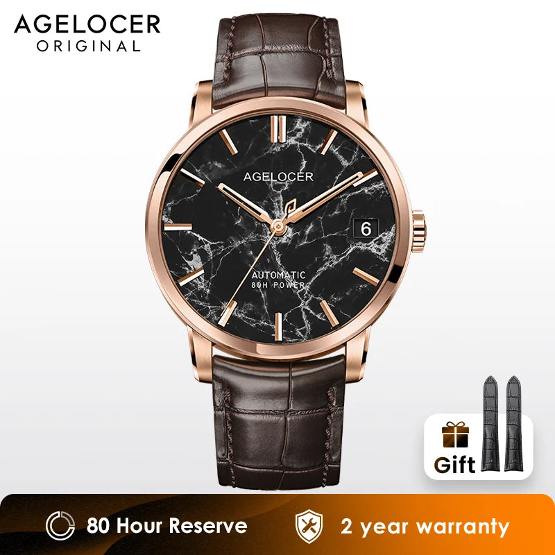 AGELOCER Original Baikal Watch Natural Marble Dial Men's Big Calendar Automatic Mechanical Watch Birthday Gift for Men