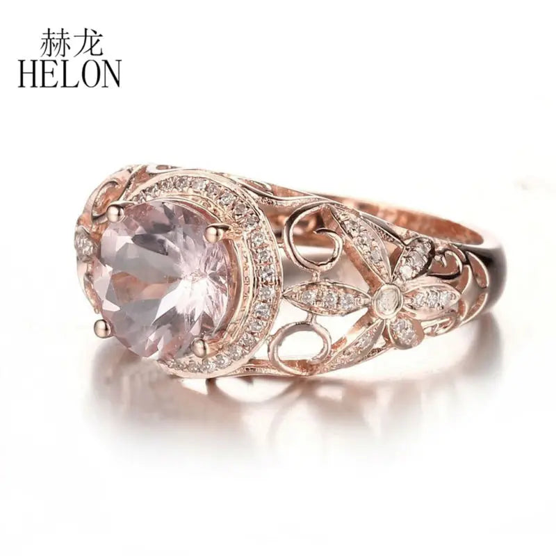 HELON Solid 18K 14K 10K Rose Gold 8mm Round Genuine Morganite Diamond Engagement Ring Women Party Fine Jewelry Diamond Ring Gift