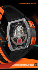 BONEST GATTI Men's Luxury Automatic Watch - Tonneau Carbon Fiber Mechanical Wristwatch, Skeleton, Sapphire, Luminous Fluororubber Strap