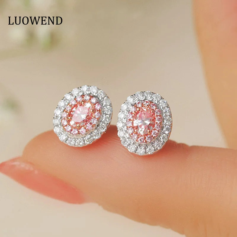 LUOWEND 18K White Gold Earrings Luxury Oval Design 0.70carat Real Natural Pink Diamond Stud Earrings for Women Senior Banquet