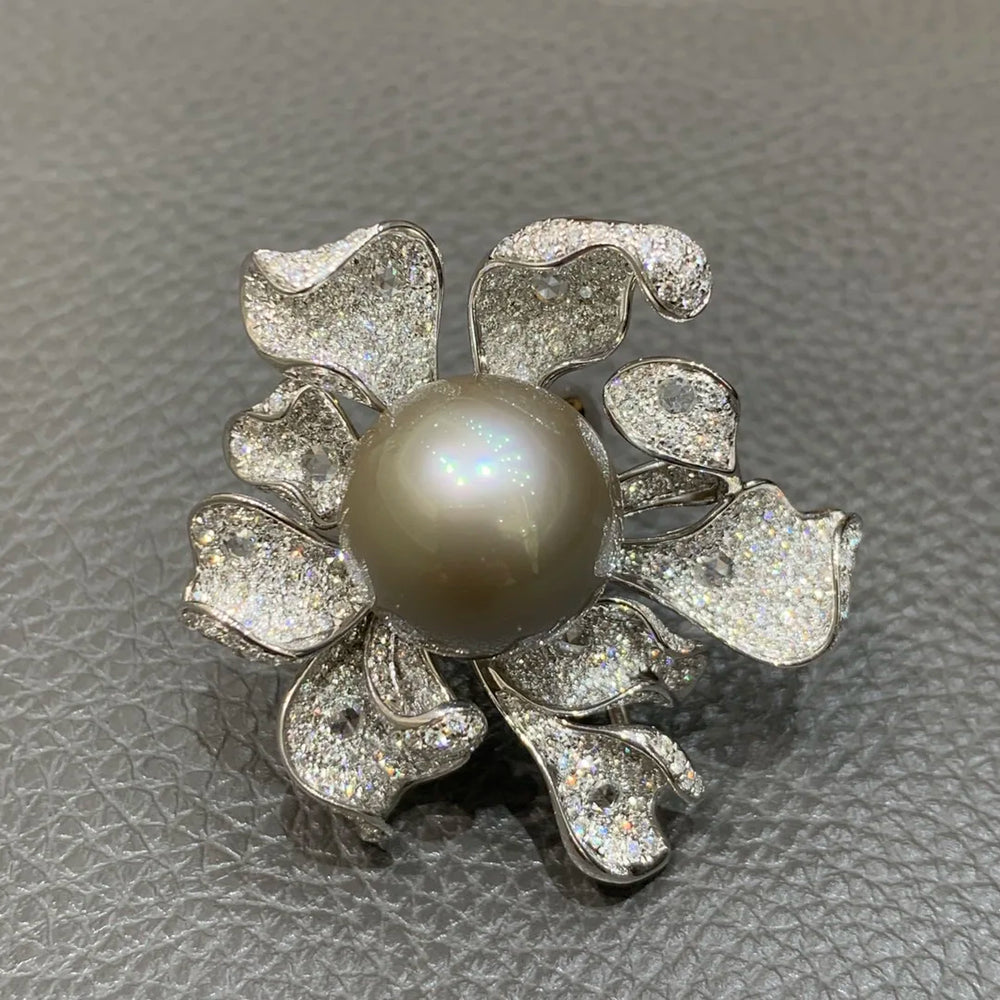 genuine luxury jewelry natural tahiti pearl ring 18K white gold with diamond flower large pearl double use pendant cocktail ring