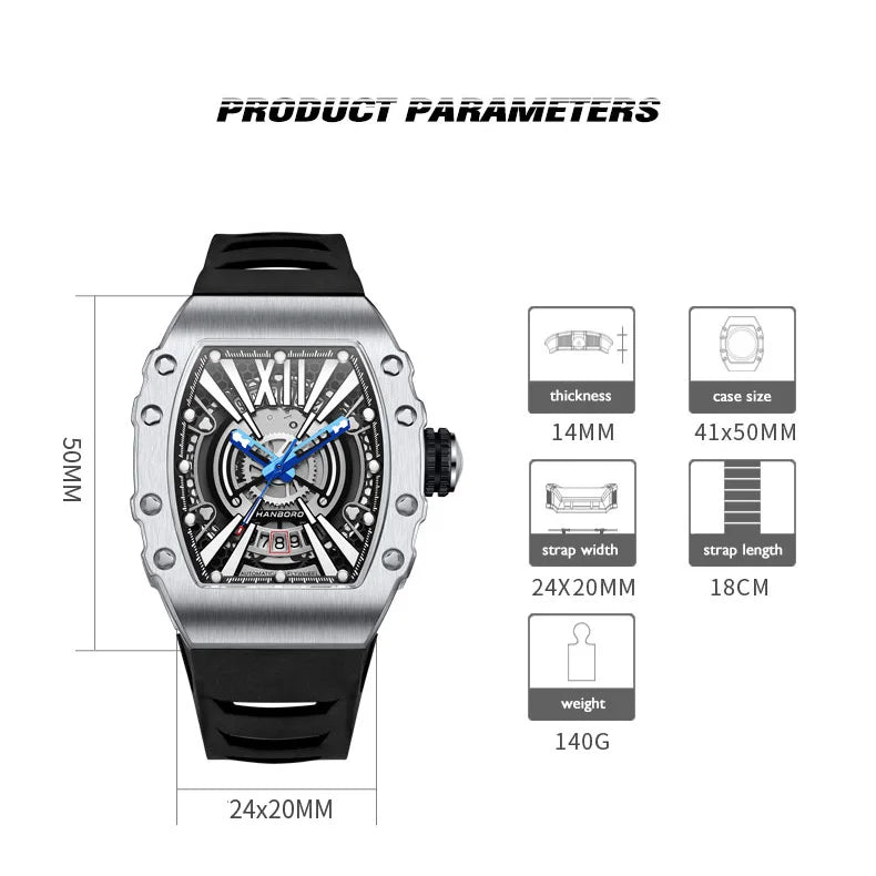 HANBORO Men's Luxury Automatic Watch - Mechanical Wristwatch, Luminous Tonneau Case, 50M Waterproof, Rubber Strap, Model 8215