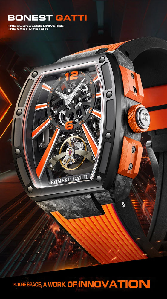 BONEST GATTI Men's Luxury Automatic Watch - Tonneau Carbon Fiber Mechanical Wristwatch, Skeleton, Sapphire, Luminous Fluororubber Strap